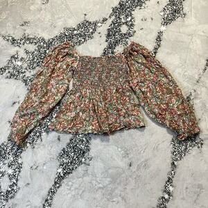 BiBi Shirt Womens Size Small Smocked Floral Top Balloon Sleeve Multicolor